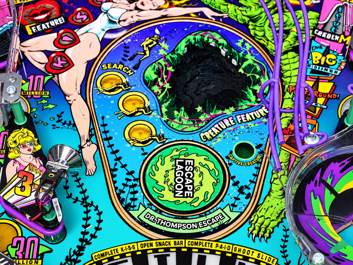 Close-up of the Escape the Lagoon pinball playfield and Creature feature