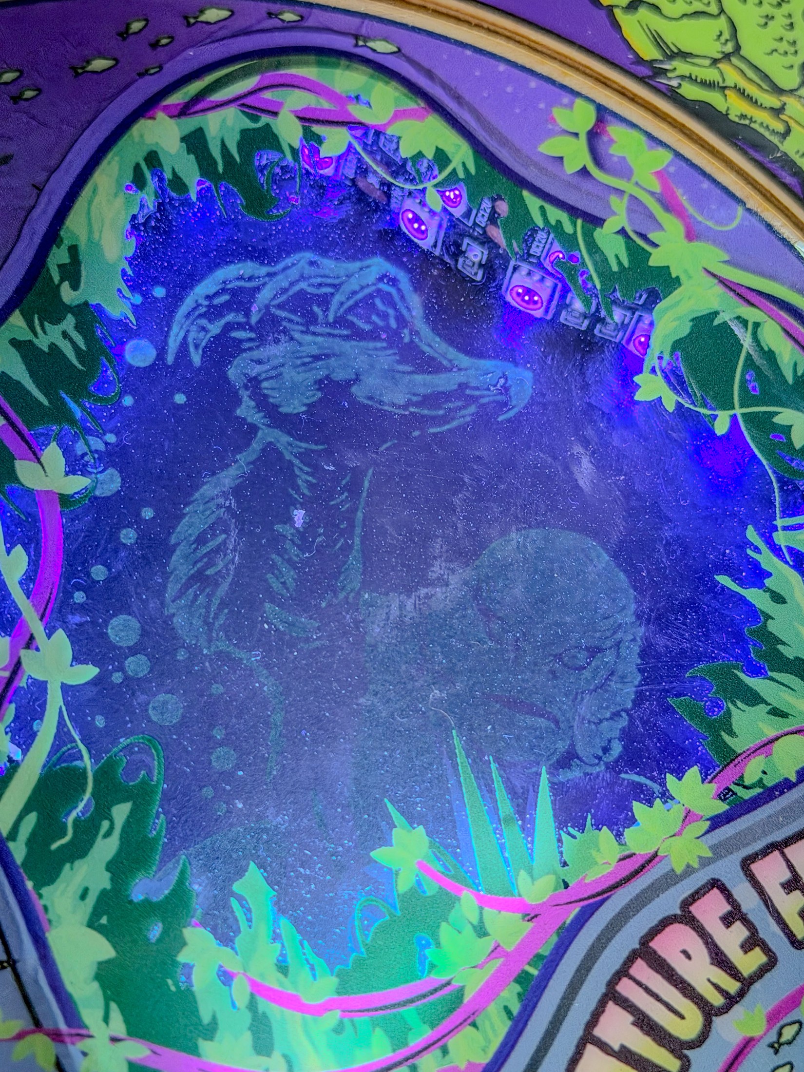 Tight view of the illuminated Creature artwork and lagoon surround