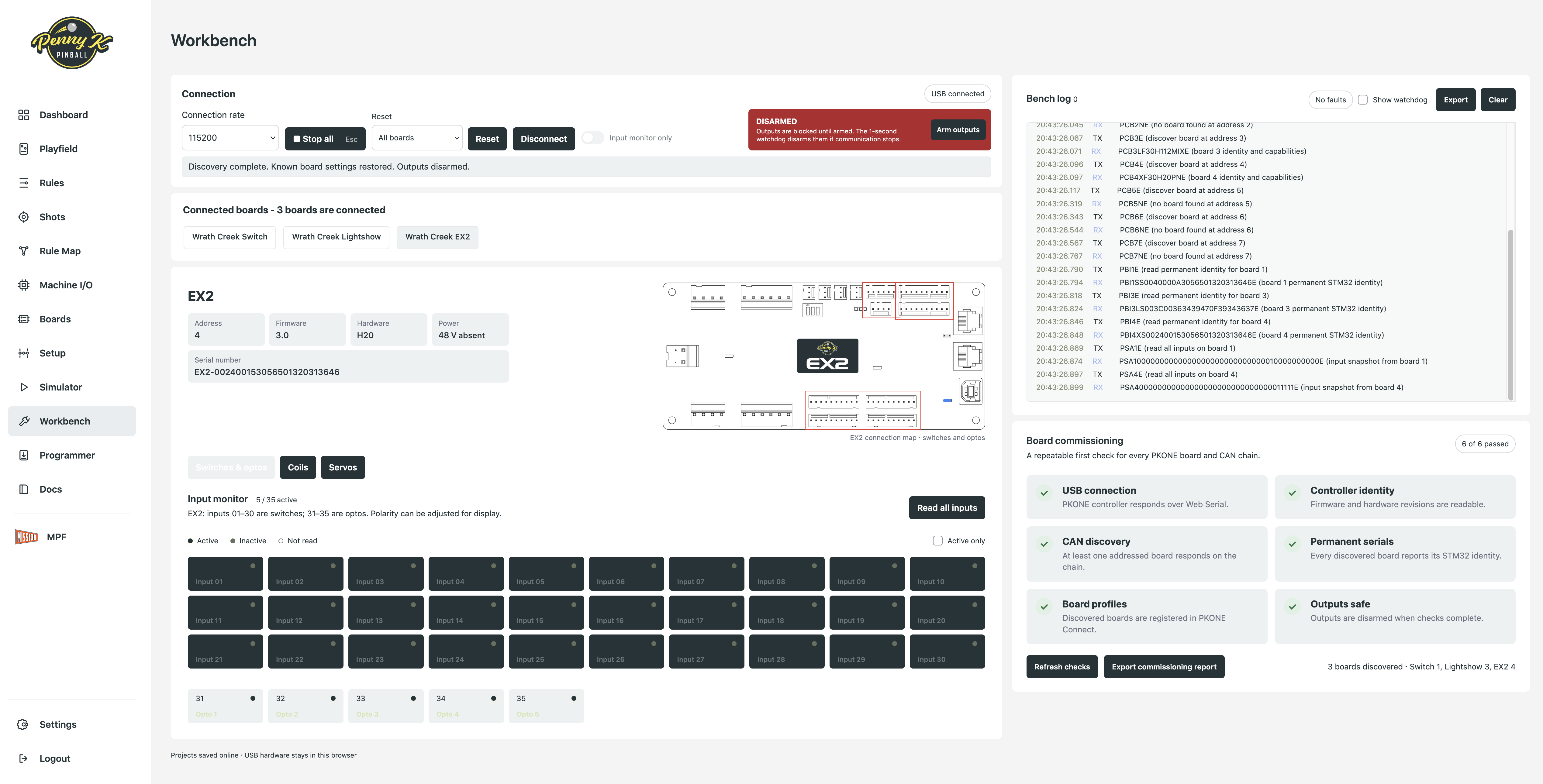 PKONE Connect Hardware Workbench showing connected boards, input monitoring, commissioning checks and the bench log