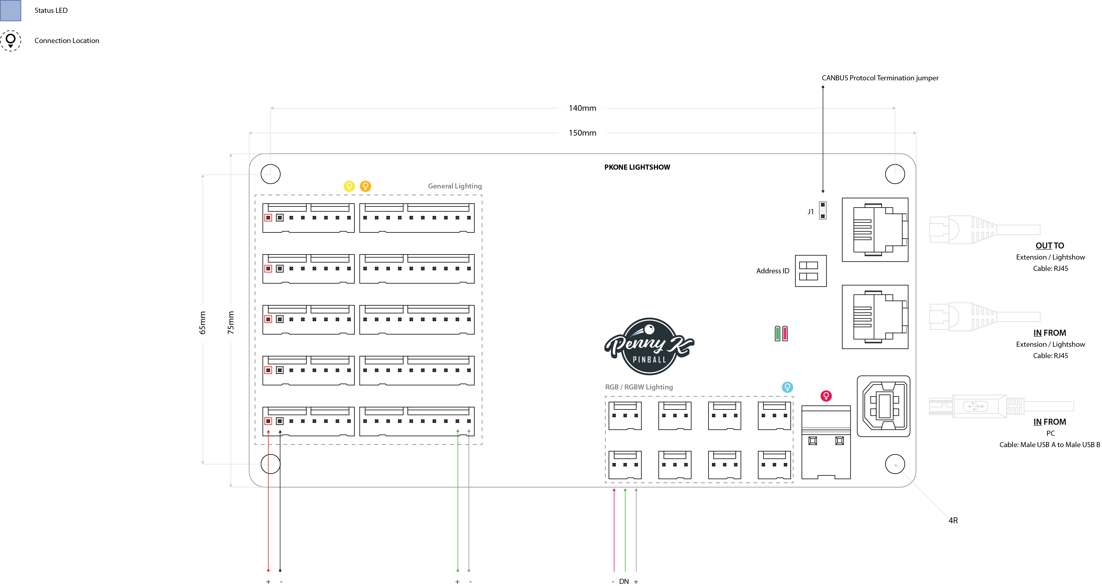 Detailed PKONE Lightshow PCB map showing general lighting, RGB and RGBW outputs, power, communications and dimensions